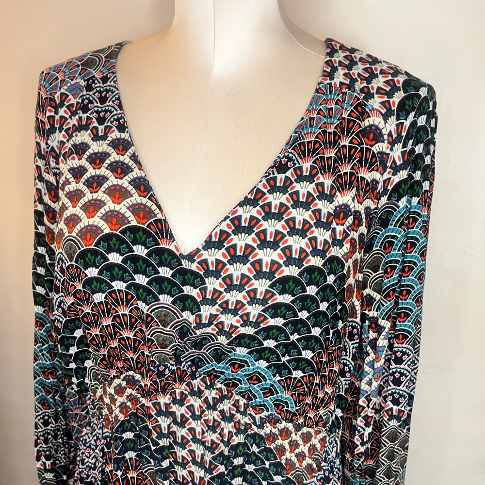 Maeve Anthropologie Monaco Fan Print XL V-Neck Long Sleeve Dress Empire Midi - Picture 8 of 12